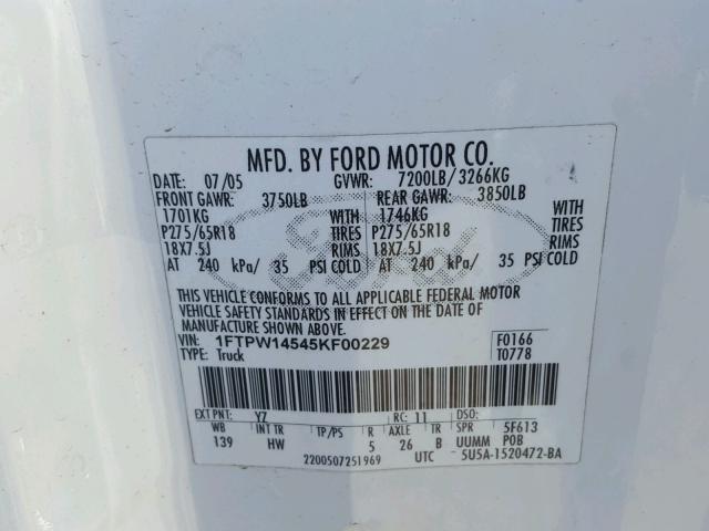 1FTPW14545KF00229 - 2005 FORD F150 SUPER WHITE photo 10