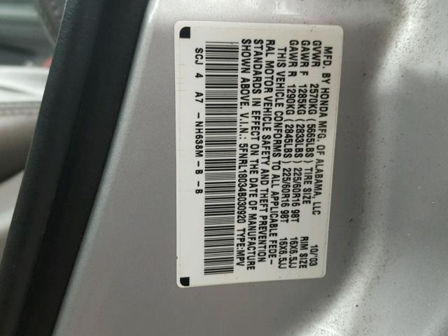 5FNRL18034B030920 - 2004 HONDA ODYSSEY EX SILVER photo 10