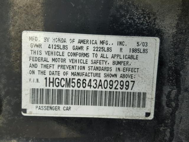 1HGCM56643A092997 - 2003 HONDA ACCORD EX BLACK photo 10