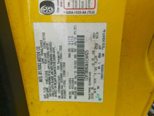 1ZVFT80N365156425 - 2006 FORD MUSTANG YELLOW photo 10