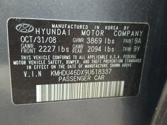 KMHDU46DX9U618337 - 2009 HYUNDAI ELANTRA GL CHARCOAL photo 10