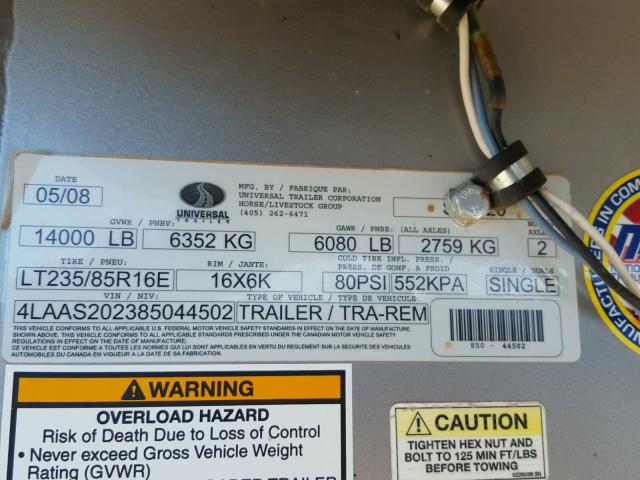 4LAAS202385044502 - 2008 UTILITY TRAILER SILVER photo 10
