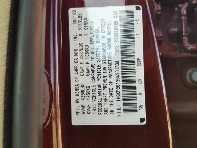 1HGCP26439A201334 - 2009 HONDA ACCORD LXP BURGUNDY photo 10