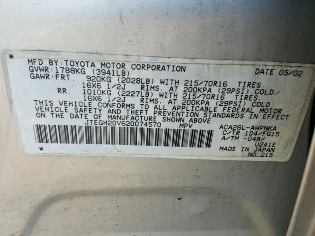 JTEGH20V620074570 - 2002 TOYOTA RAV4 SILVER photo 10