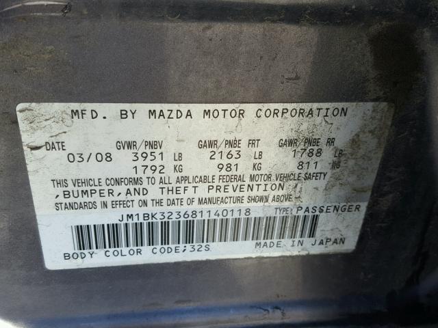 JM1BK323681140118 - 2008 MAZDA 3 S GRAY photo 10