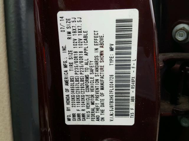 5J8TB3H57FL004726 - 2015 ACURA RDX TECHNO MAROON photo 10