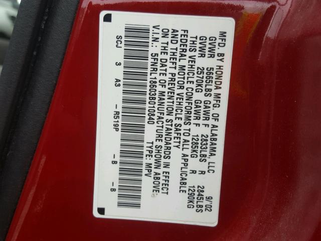 5FNRL18603B010840 - 2003 HONDA ODYSSEY EX MAROON photo 10