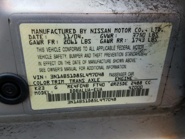 3N1AB51D85L497048 - 2005 NISSAN SENTRA SE- SILVER photo 10