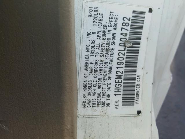 1HGEM21902L004782 - 2002 HONDA CIVIC EX თეთრი ფოტო 10