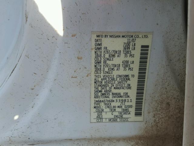 1N6BA07D68N339811 - 2008 NISSAN TITAN XE WHITE photo 10