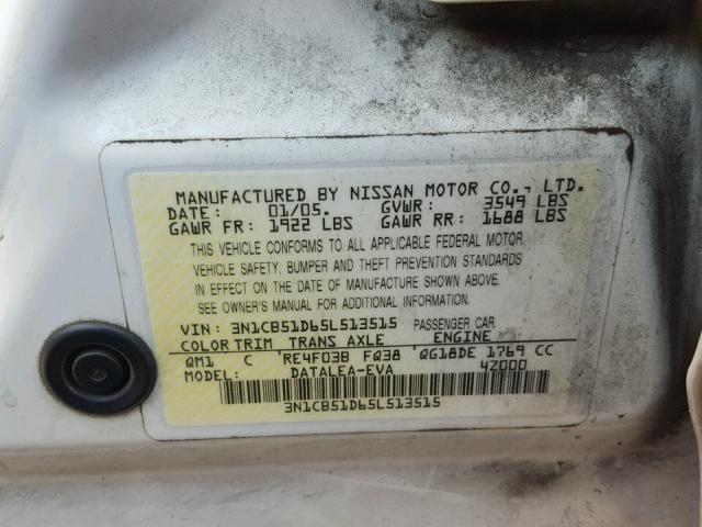 3N1CB51D65L513515 - 2005 NISSAN SENTRA 1.8 WHITE photo 10