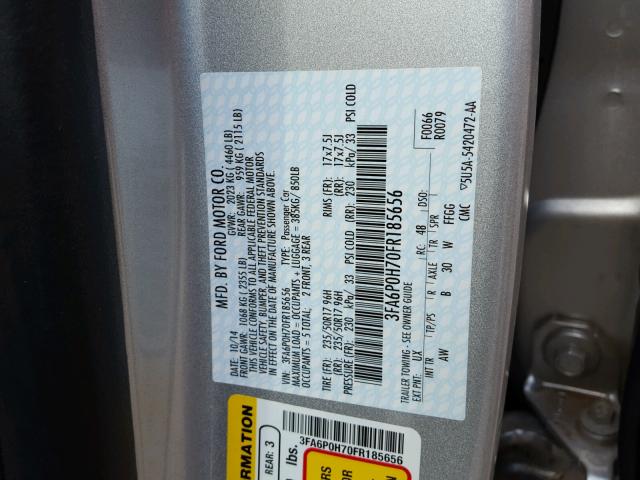 3FA6P0H70FR185656 - 2015 FORD FUSION SE SILVER photo 10