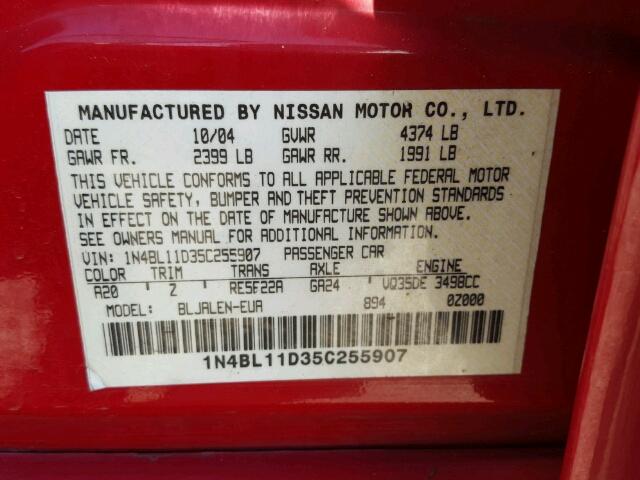 1N4BL11D35C255907 - 2005 NISSAN ALTIMA SE RED photo 10