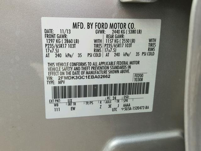 2FMDK3GC1EBA02662 - 2014 FORD EDGE SE SILVER photo 10