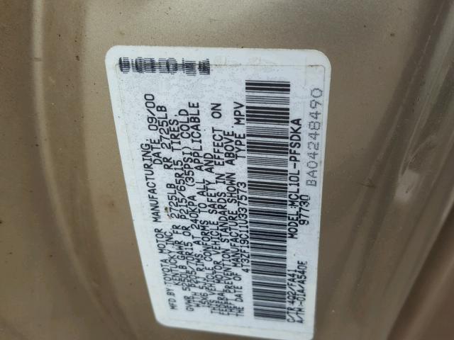 4T3ZF19C11U337573 - 2001 TOYOTA SIENNA CE GOLD photo 10