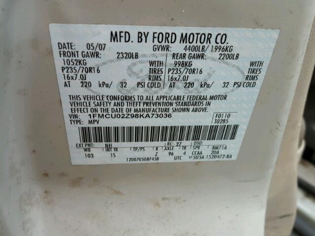 1FMCU02Z98KA73036 - 2008 FORD ESCAPE XLS WHITE photo 10