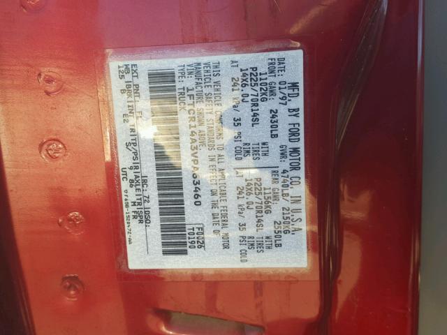 1FTCR14A3VPA63460 - 1997 FORD RANGER SUP RED photo 10