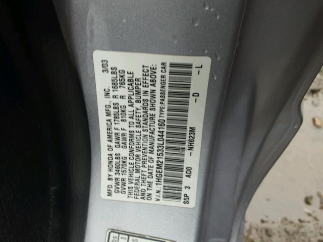 1HGEM21533L044160 - 2003 HONDA CIVIC LX SILVER photo 10