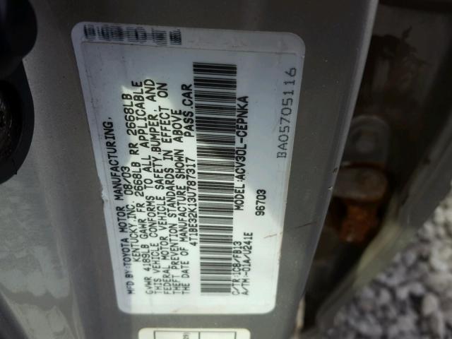 4T1BE32K13U787317 - 2003 TOYOTA CAMRY LE SILVER photo 10