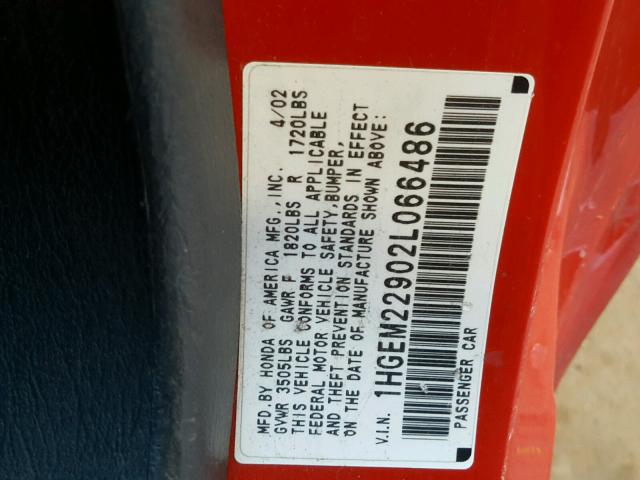 1HGEM22902L066486 - 2002 HONDA CIVIC EX წითელი ფოტო 10