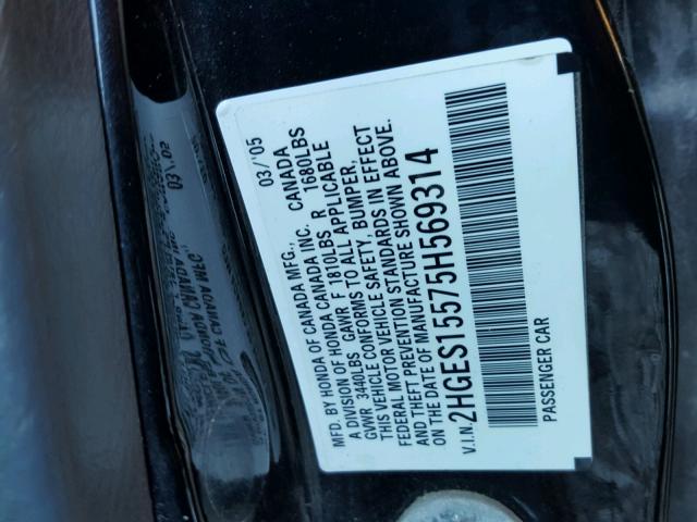 2HGES15575H569314 - 2005 HONDA CIVIC LX BLACK photo 10