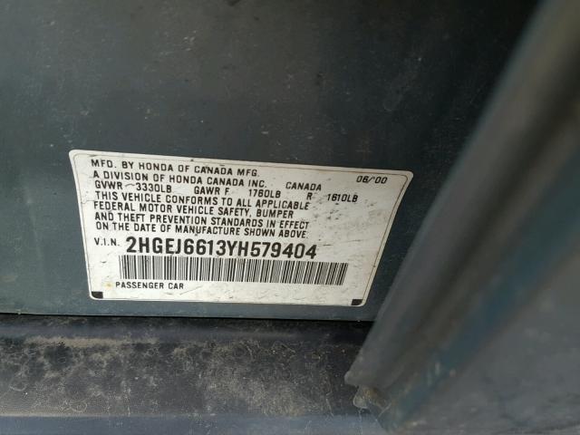 2HGEJ6613YH579404 - 2000 HONDA CIVIC BASE BLUE photo 10