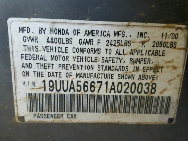 19UUA56671A020038 - 2001 ACURA 3.2TL GRAY photo 10