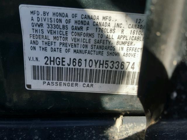 2HGEJ6610YH533674 - 2000 HONDA CIVIC BASE Qara foto 10