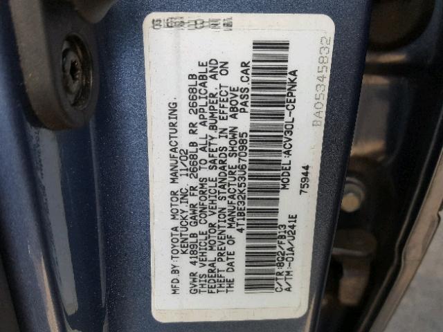 4T1BE32K53U670985 - 2003 TOYOTA CAMRY LE BLUE photo 10