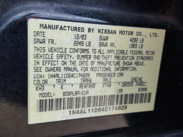 1N4AL11D64C174829 - 2004 NISSAN ALTIMA BAS BLACK photo 10