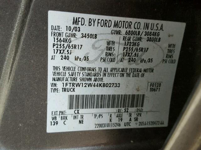 1FTRW12W44KB02733 - 2004 FORD F150 SUPER GRAY photo 10