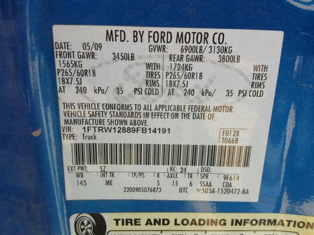 1FTRW12889FB14191 - 2009 FORD F150 SUPER BLUE photo 10