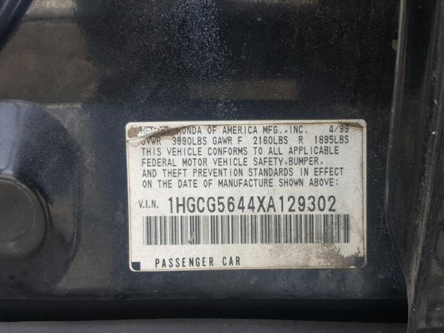 1HGCG5644XA129302 - 1999 HONDA ACCORD LX BLACK photo 10