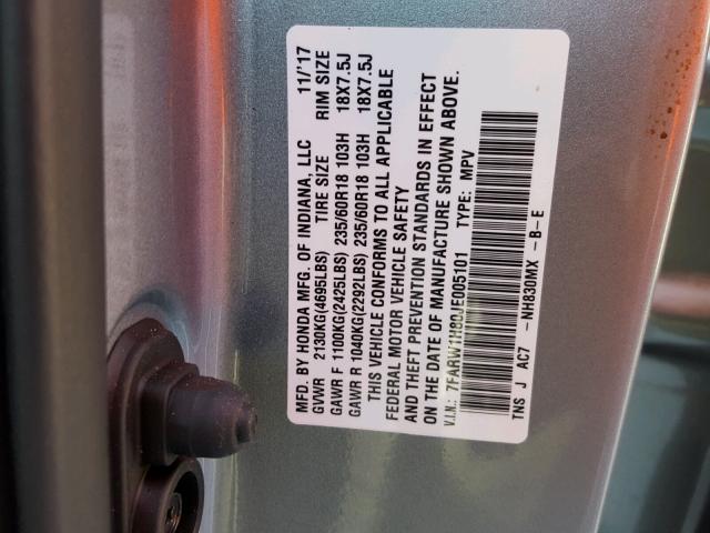 7FARW1H80JE005101 - 2018 HONDA CR-V EXL SILVER photo 10