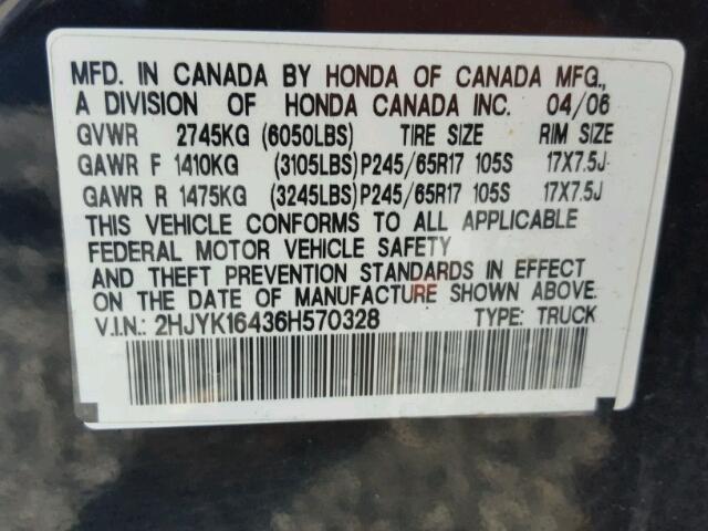 2HJYK16436H570328 - 2006 HONDA RIDGELINE BLACK photo 10