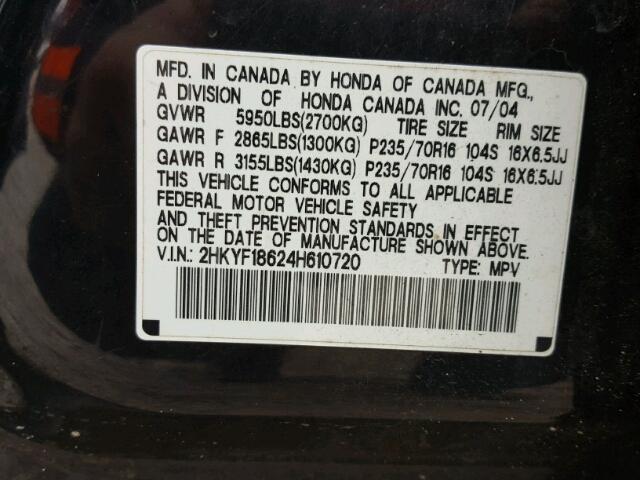 2HKYF18624H610720 - 2004 HONDA PILOT EXL BLACK photo 10