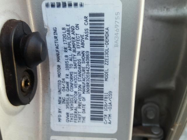 1NXBR32E84Z340869 - 2004 TOYOTA COROLLA CE SILVER photo 10