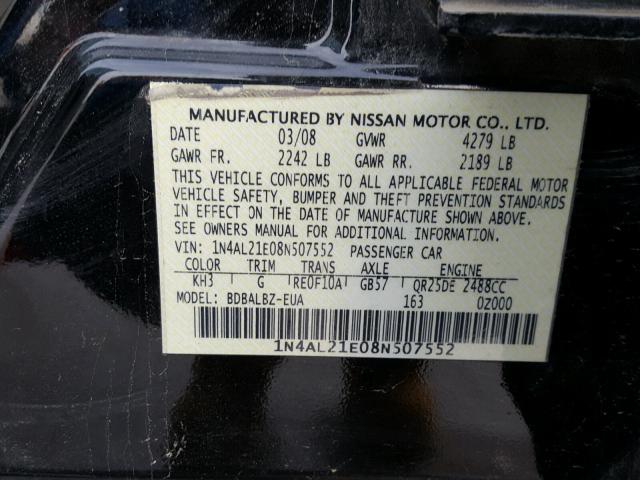 1N4AL21E08N507552 - 2008 NISSAN ALTIMA 2.5 BLACK photo 10