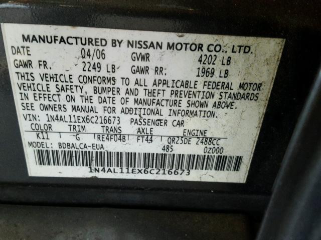 1N4AL11EX6C216673 - 2006 NISSAN ALTIMA S CHARCOAL photo 10