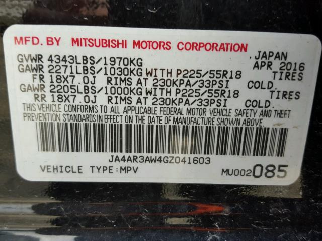 JA4AR3AW4GZ041603 - 2016 MITSUBISHI OUTLANDER BLACK photo 10