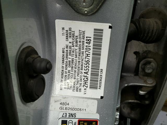 2HGFA55567H701481 - 2007 HONDA CIVIC SI SILVER photo 10