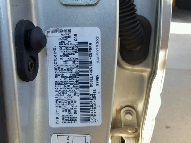 4T1BE32K82U086773 - 2002 TOYOTA CAMRY LE SILVER photo 10