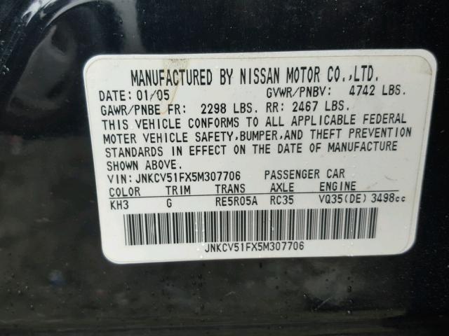 JNKCV51FX5M307706 - 2005 INFINITI G35 BLACK photo 10