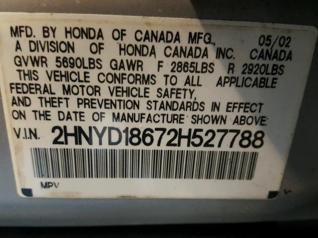 2HNYD18672H527788 - 2002 ACURA MDX TOURIN SILVER photo 10