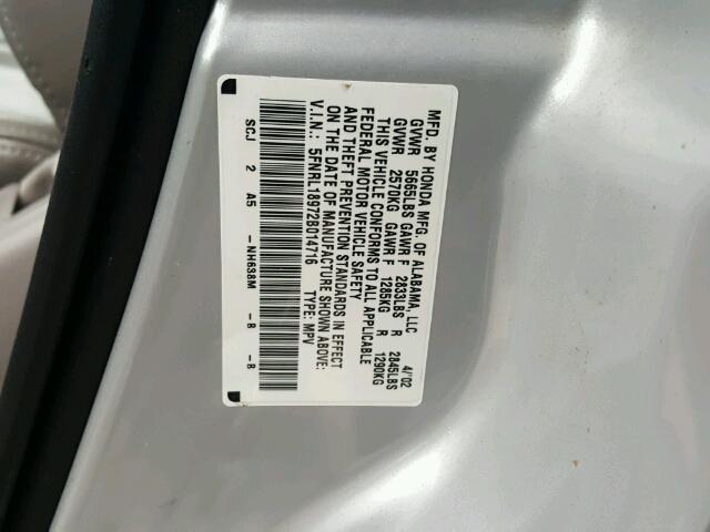 5FNRL18972B014716 - 2002 HONDA ODYSSEY EX SILVER photo 10