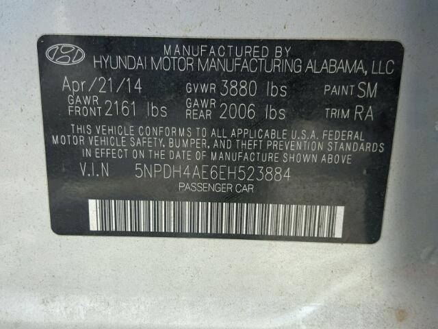 5NPDH4AE6EH523884 - 2014 HYUNDAI ELANTRA SE SILVER photo 10