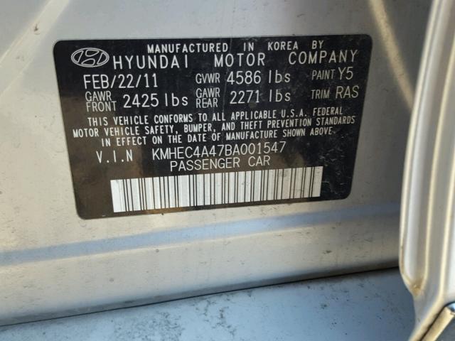 KMHEC4A47BA001547 - 2011 HYUNDAI SONATA HYB SILVER photo 10