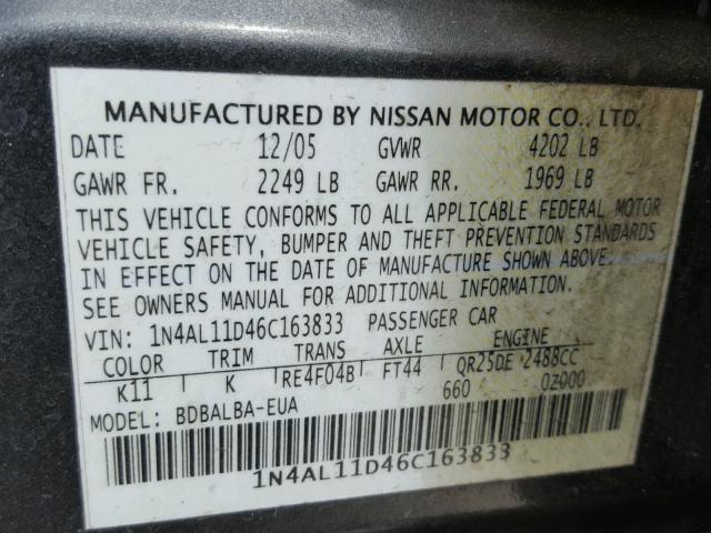 1N4AL11D46C163833 - 2006 NISSAN ALTIMA S CHARCOAL photo 10