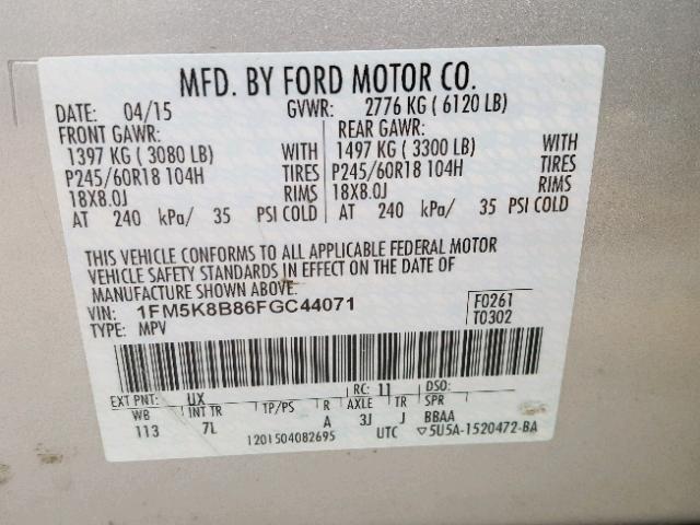 1FM5K8B86FGC44071 - 2015 FORD EXPLORER SILVER photo 10