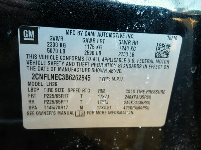 2CNFLNEC3B6262845 - 2011 CHEVROLET EQUINOX LT BLACK photo 10